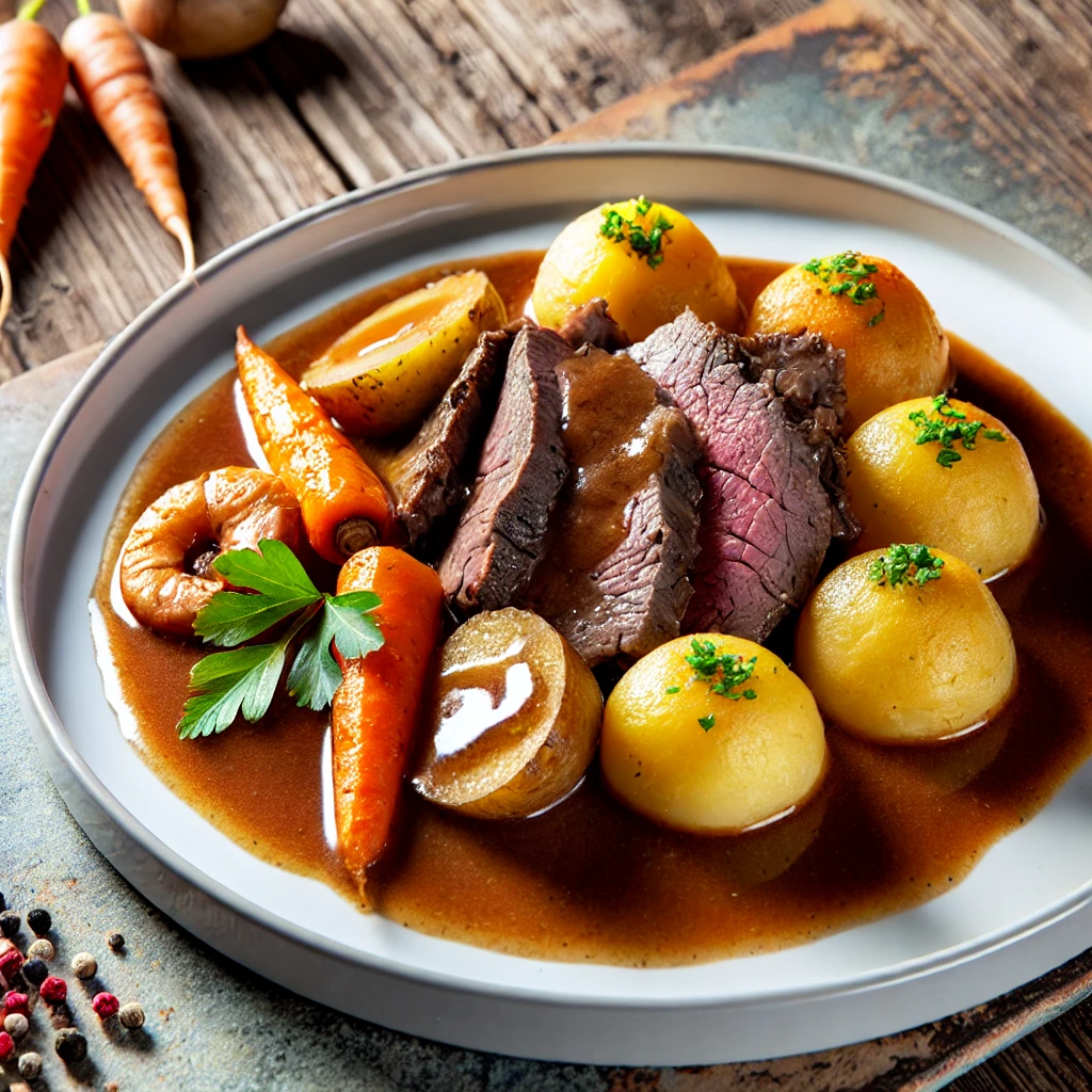 Gammeldags Oksesteg med Brun Sauce og Rodfrugter