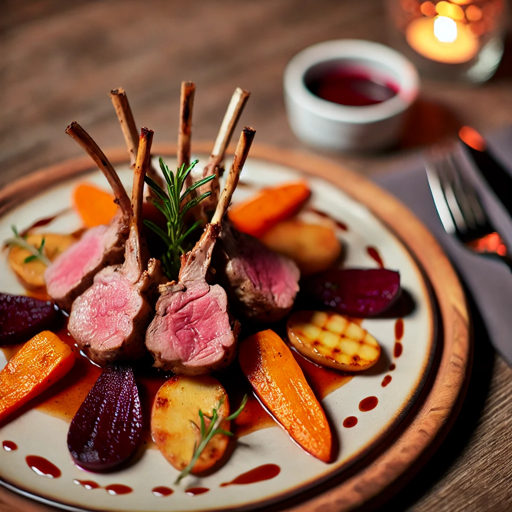 Lammekrone med Hvidløg, Rosmarin og Honningglaserede Rodfrugter