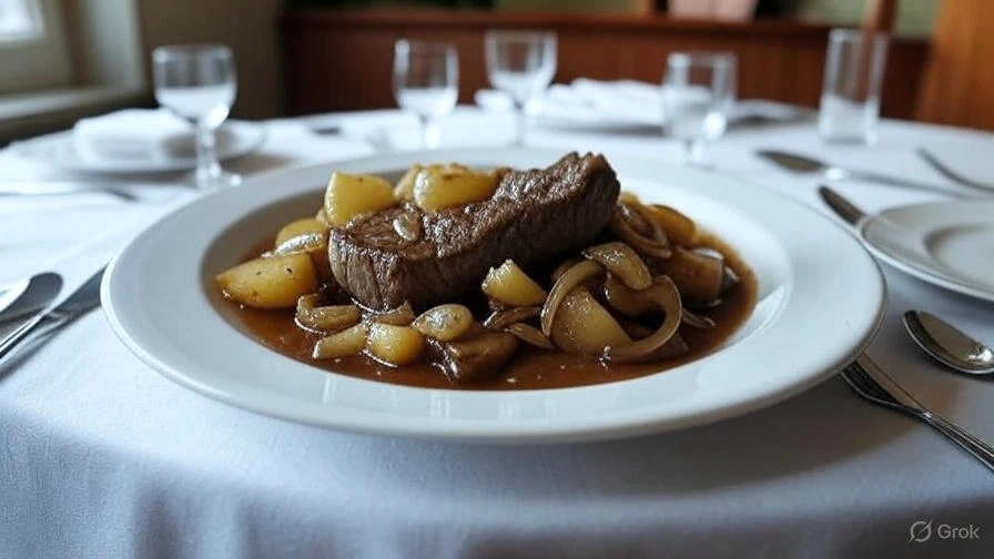 Engelsk bøf med bløde løg, brun sovs og kartofler